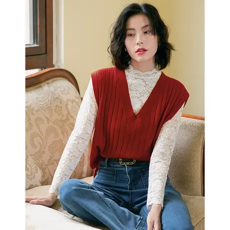 弥古红色100%羊毛针织衫V领毛衣马甲背心女春秋外穿宽松坎肩上衣商品大图