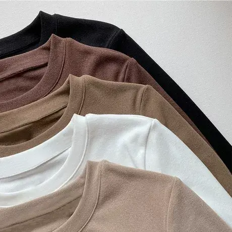 阳离子发热加厚双面德绒打底衫女秋冬内搭圆领磨毛白色长袖t恤潮商品大图