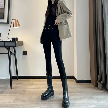黑色打底裤女外穿2023秋冬新款高腰修身显瘦三粒扣休闲小脚魔术裤图片