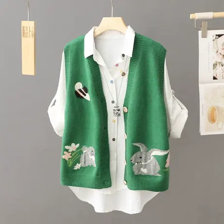 2023春秋新款刺绣上衣针织马甲开衫女士宽松外穿叠穿毛衣背心坎肩商品大图