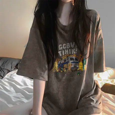 纯棉正肩短袖t恤女夏季宽松潮牌ins半袖设计感小众chic港味上衣服商品大图