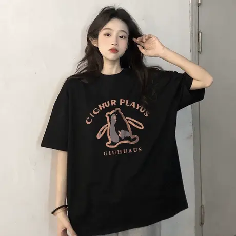 黑色短袖t恤女韩版宽松夏季2023新款小个子美式复古半袖纯棉上衣商品大图