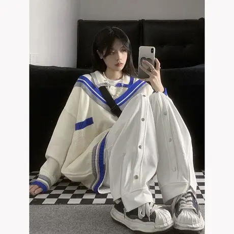 针织衫假两件polo领毛衣女春秋季宽松外穿慵懒风早秋上衣新款2022图片