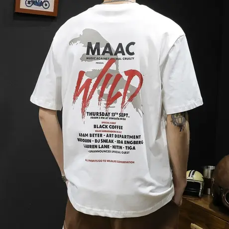 白色短袖t恤男士宽松大码男装潮牌夏季2023新款纯棉美式重磅体恤商品大图