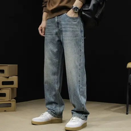 直筒牛仔裤男潮牌2023新款宽松大码秋冬阔腿复古怀旧裤子男裤秋季商品大图
