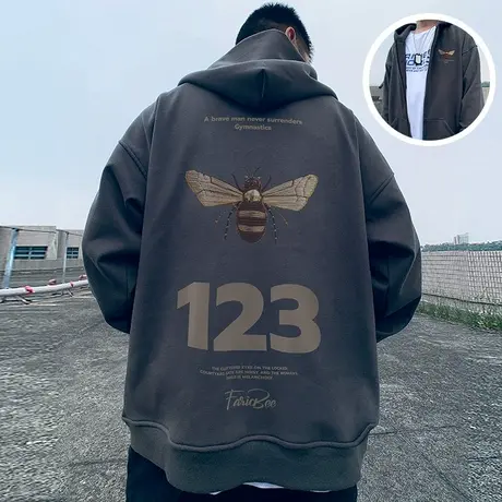 灰色加肥加大码男装连帽胖子外套拉链卫衣宽松加绒休闲百搭春秋款商品大图