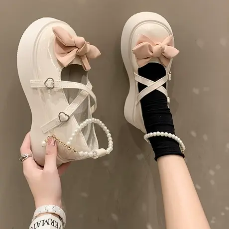 玛丽珍女鞋珍珠蝴蝶结甜美风洛丽塔小皮鞋浅口厚底增高jk四季单鞋商品大图