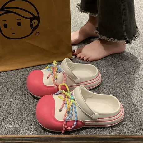 网红爆款可爱彩带洞洞鞋女夏外穿2023新款厚底甜酷少女包头半拖鞋商品大图