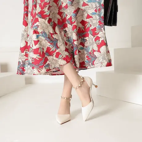 中空一字扣珍珠单鞋2023年春季新款性感法式少女尖头百搭职业单鞋商品大图