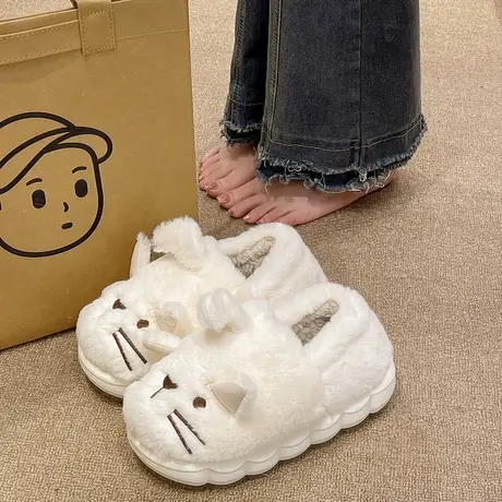 卡通棉拖鞋女可爱猫咪毛绒保暖冬季新款室内居家防滑厚底包跟棉鞋商品大图