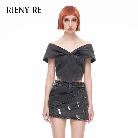 RIENYRE上衣女2023秋冬季新款街头复古牛仔一字肩小众高级感抹胸图片