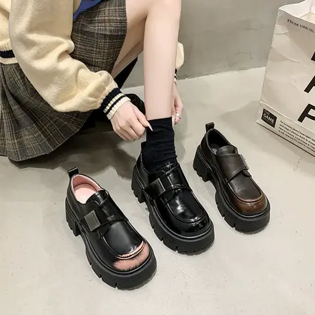 复古百搭乐福鞋女2024春秋季新款英伦风粗跟小皮鞋厚底魔术贴单鞋图片
