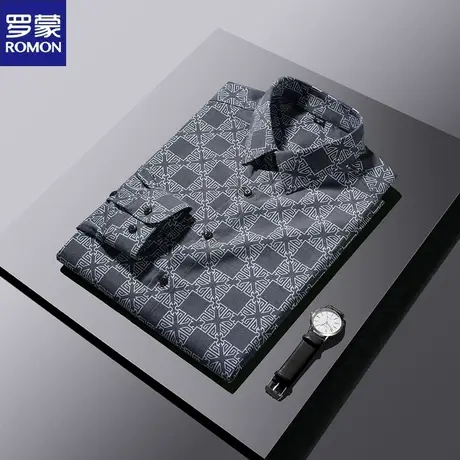 罗蒙春秋新款男士格子印花衬衣商务休闲长袖衬衫男中青年时尚寸衫图片