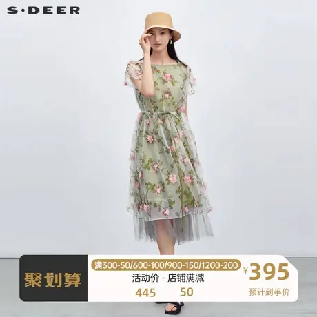 sdeer圣迪奥女装时尚圆领碎花收腰网纱短袖连衣裙S223Z1212图片
