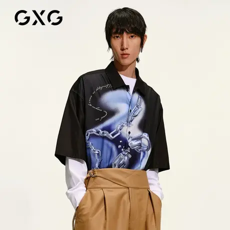GXG男装 秋季黑色时尚休闲潮流印花翻领短袖衬衫潮GC123618A图片