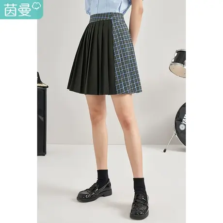 茵曼双色拼接百褶半身裙女士2023夏季新款格子显瘦气质时尚JK裙子图片
