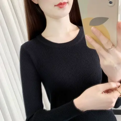 黑色打底衫女新款春秋季长袖针织衫上衣短款修身紧身内搭薄款毛衣图片