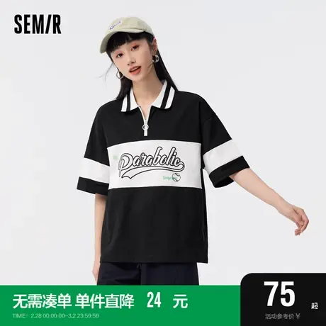 森马POLO衫女中长款拼色字母学院风衣服夏宽松套头衫女生休闲时尚商品大图