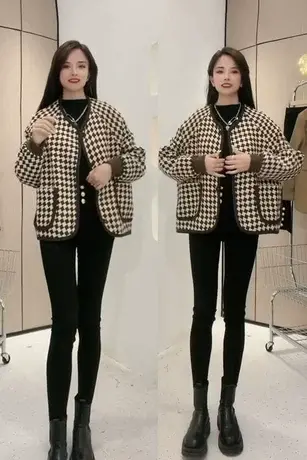 2023春秋新款韩风chic复古棋盘格子夹克上衣短款休闲小香风外套女商品大图