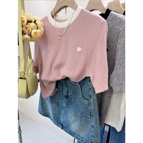 日常爱穿搭的 撞色小心心柔软纯羊毛圆领显瘦套头针织衫T女23夏商品大图