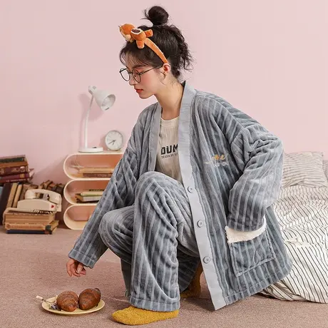 猫人女士睡衣冬季2023新款法兰绒加绒加厚珊瑚绒家居服套装可外穿商品大图