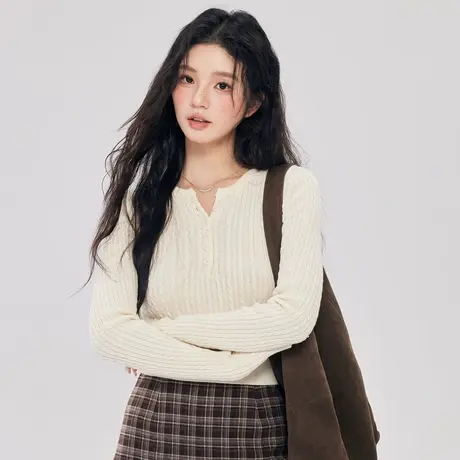 尔给薄款针织衫女2024新款春秋外穿长袖半开领网织镂空罩衫上衣商品大图