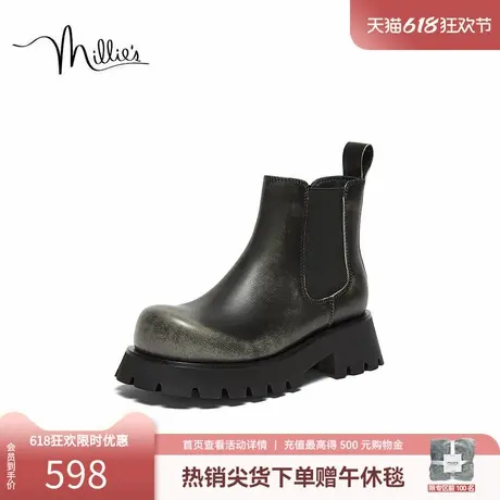 妙丽千禧泡泡2025春季牛皮娃娃头厚底粗跟切尔西靴女短靴59931DD4图片