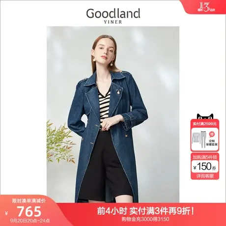 【赫本猫联名】音儿美地女装2023春新款双排扣中长款翻领牛仔风衣商品大图