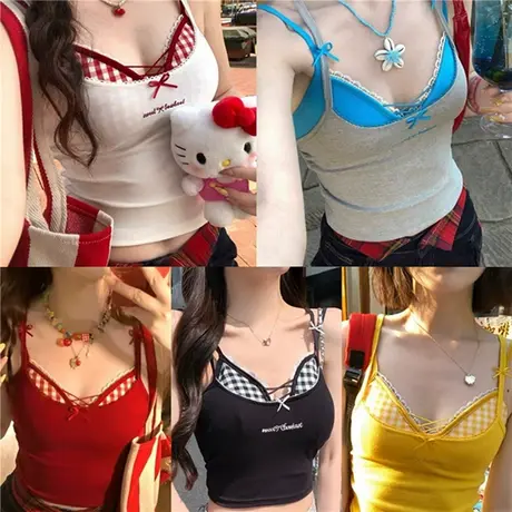 格子撞色蕾丝拼接叠穿辣妹纯欲性感吊带背心女带胸垫修身两件套装图片