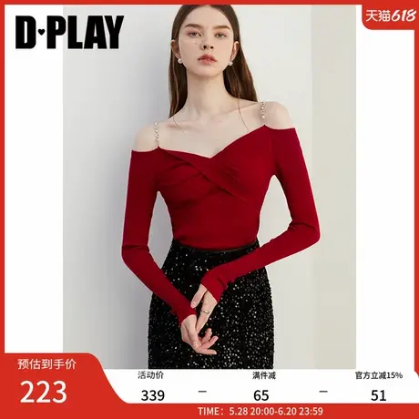 DPLAY2025春季通勤风红色V领修身含羊毛针织衫小衫上衣打底衫女商品大图
