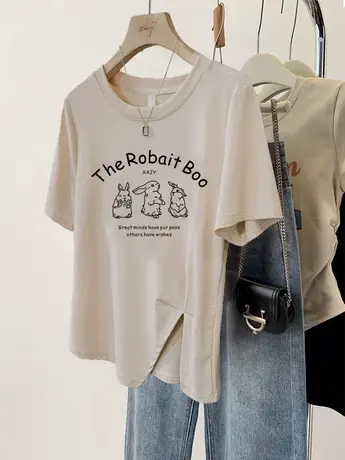 不规则短袖t恤女夏美式辣妹穿搭下摆开叉设计感小众ins潮闺蜜上衣商品大图