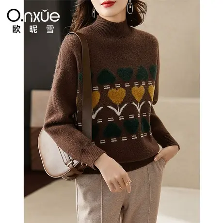 欧昵雪2023冬季新款时尚半高领加厚桃心毛衣女落肩长袖宽松慵懒风商品大图