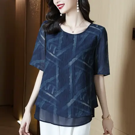 雪纺衫女短袖夏季加肥加大码女装宽松中年妈妈百搭遮肚子显瘦上衣图片