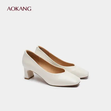 奥康 女鞋春秋新款气质方头粗跟单鞋女简约风纯色一脚蹬鞋女商品大图