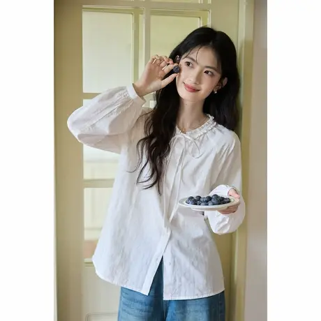 弥古2025秋季新款法式泡泡袖衬衫上衣女高级感蝴蝶结白色长袖衬衣图片