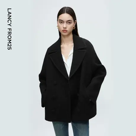 朗姿设计感复古羊毛毛呢外套短款黑色呢子大衣女2025年冬季新款商品大图