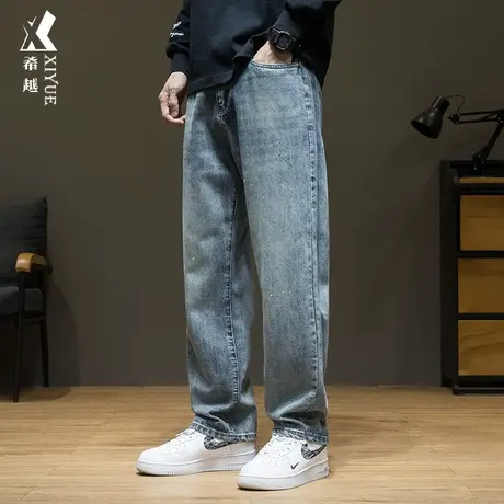 希越美式直筒牛仔裤男款泼墨设计感宽松大码休闲阔腿裤子男2023秋商品大图