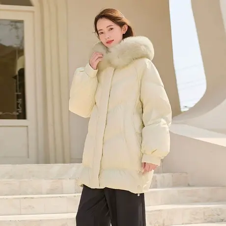 坦博尔奥莱时尚冬羽绒服女士连帽毛领中长款廓形时尚休闲保暖外套图片