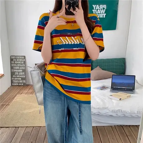 美式复古条纹短袖t恤女2025新款夏季潮牌字母印花设计感宽松上衣图片
