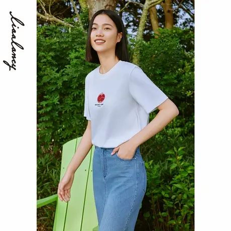 LANCY/朗姿2024夏季新款时尚刺绣短袖白t恤趣味图案百搭上衣女图片