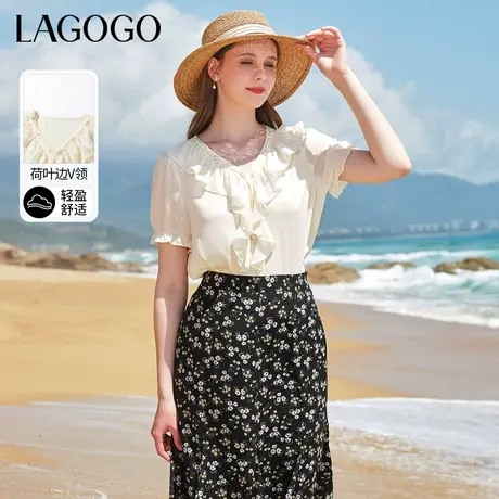 LAGOGO米白色气质荷叶边V领上衣女拉谷谷夏季新款设计感短袖小衫商品大图