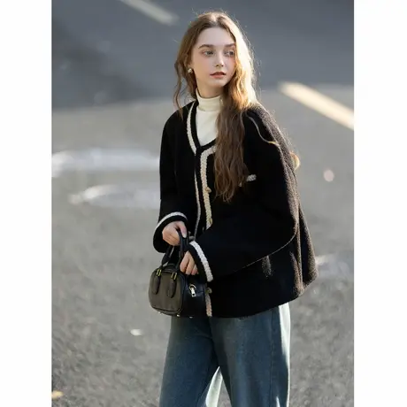 唐狮秋冬外套女高级轻奢女圆领撞色小香风皮毛一体短款外套TUTA图片