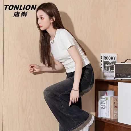 唐狮官方正肩短袖t恤女2026新款夏修身短款半袖打底衫抽褶上衣VC商品大图
