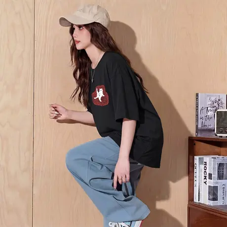 唐狮官方印花短袖t恤女2026新款夏纯棉打底衫宽松大码半袖上衣VC图片