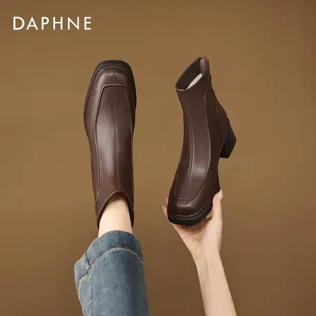 达芙妮加绒短靴女2026新款冬季棕色高跟方头瘦瘦靴粗跟英伦马丁靴商品大图