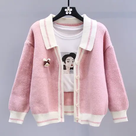 小香风撞色polo领毛衣开衫女秋冬2023新款宽松百搭减龄针织外套商品大图