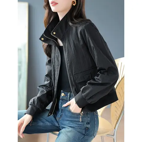 宝诗黎立领纯色肌理感休闲短外套女2023秋季新款拉链开衫夹克上衣商品大图