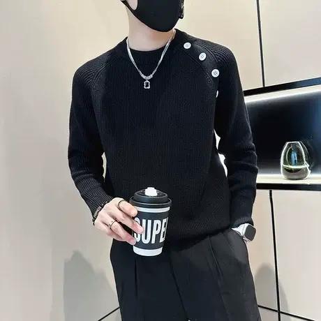 设计感小众休闲秋冬纯色毛衣男个性排扣插肩袖潮流痞帅内搭针织衫商品大图