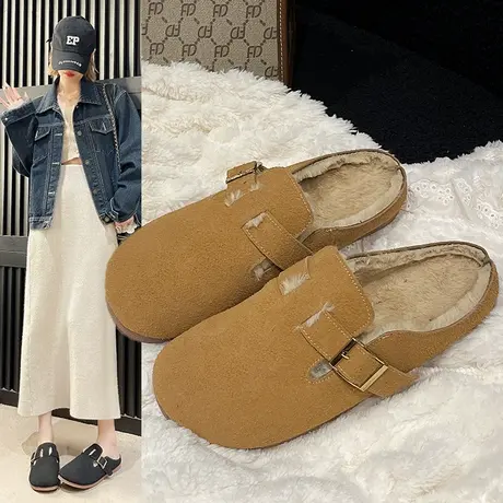 毛毛勃肯鞋女鞋2023新款秋冬季加绒博肯单鞋厚底包头半拖鞋女外穿商品大图