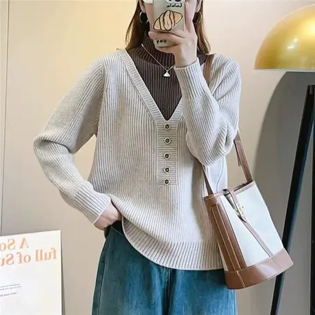 设计感假两件毛衣女内搭加厚秋冬新款宽松洋气保暖套头针织打底衫图片